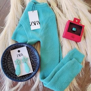Teal Crop Sweater ZARA Arm Warmer Top, Dangle Earrings & Limited Edition Ring